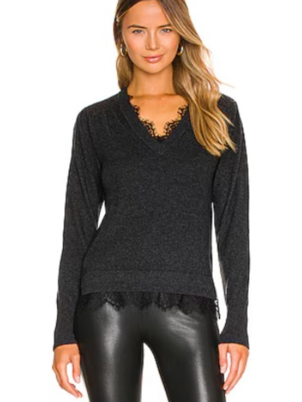 NWT BROCHU WALKER charcoal gray Marcella black Lace V Looker Sweater -Size S